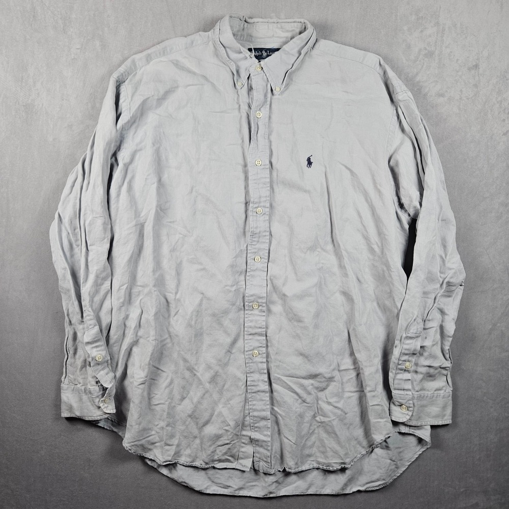 Ralph Lauren Button Down Shirt Mens XL Grey Silk Linen Blend Blake Pony Logo